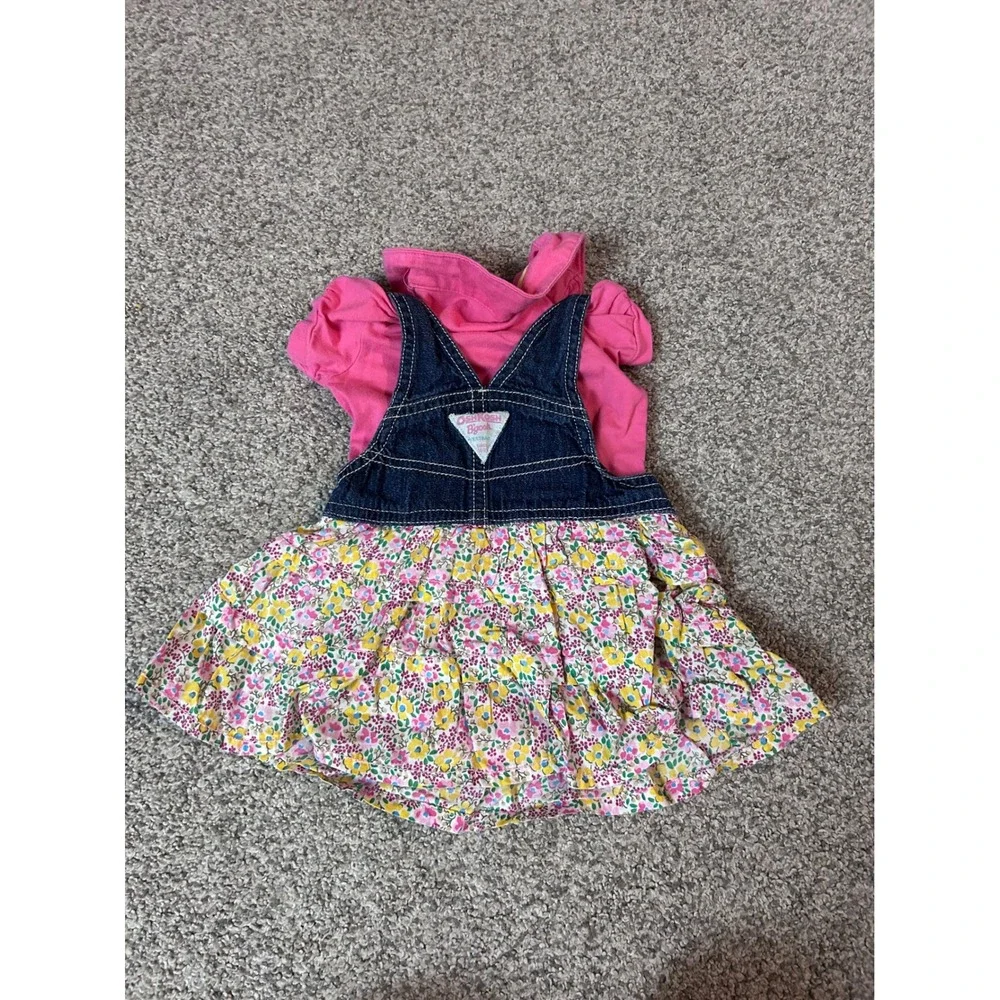OshKosh Bgosh Baby Girls 3M Pink Polo Bodysuit Denim Floral Overall Dress Set